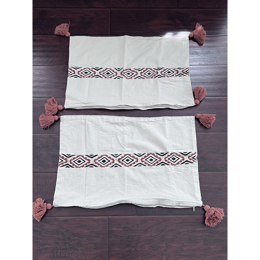 IKEA JATTESLIDE Pillow Covers Set of 2 Cream Geometric Embroidered Tassel 16x23